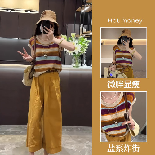 条纹短袖休闲裤两件套装女