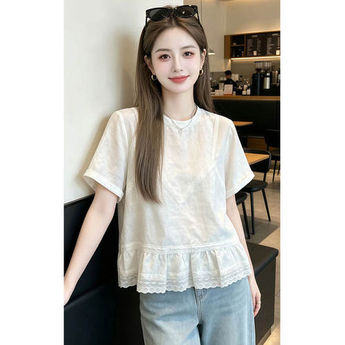 假两件蕾丝拼接短袖t恤女款