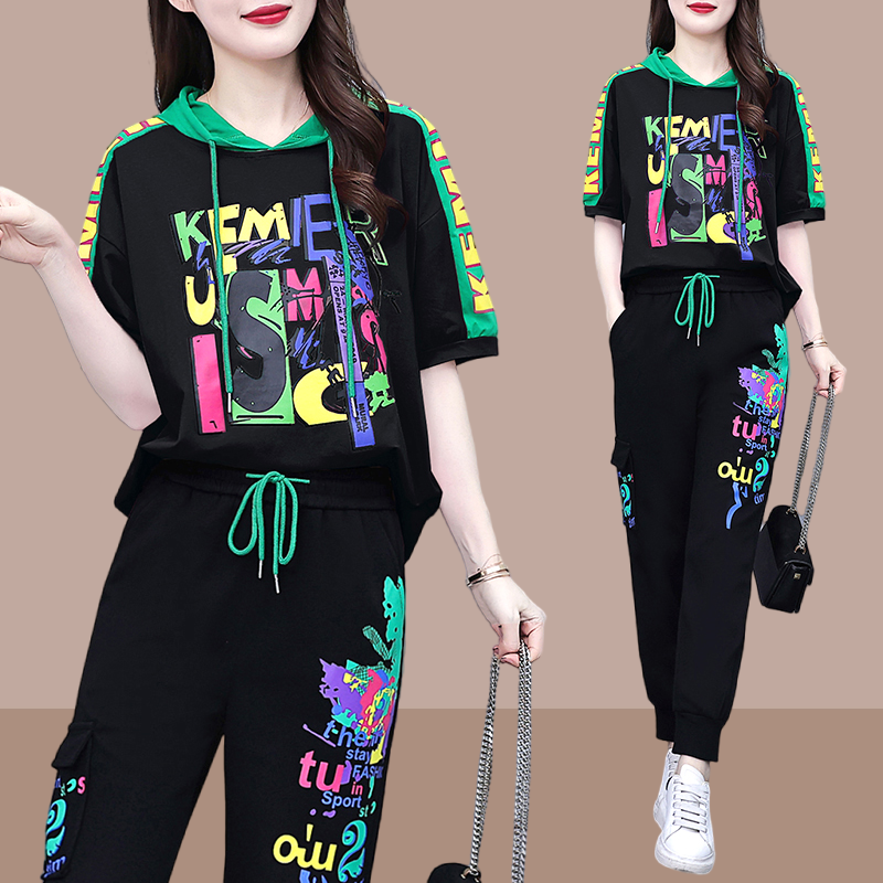 休闲运动服套装女2026夏季新款时尚百搭连帽卫衣高腰哈伦裤两件套