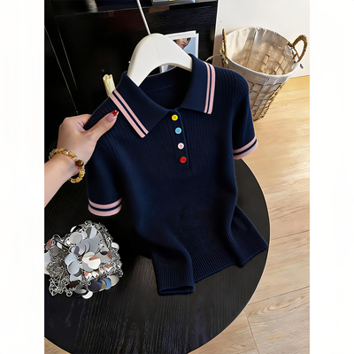 藏青色Polo针织短袖T恤女