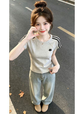 灰色条纹小猫印花休闲短袖T恤女2026夏季韩系绝美百搭巨好看上衣
