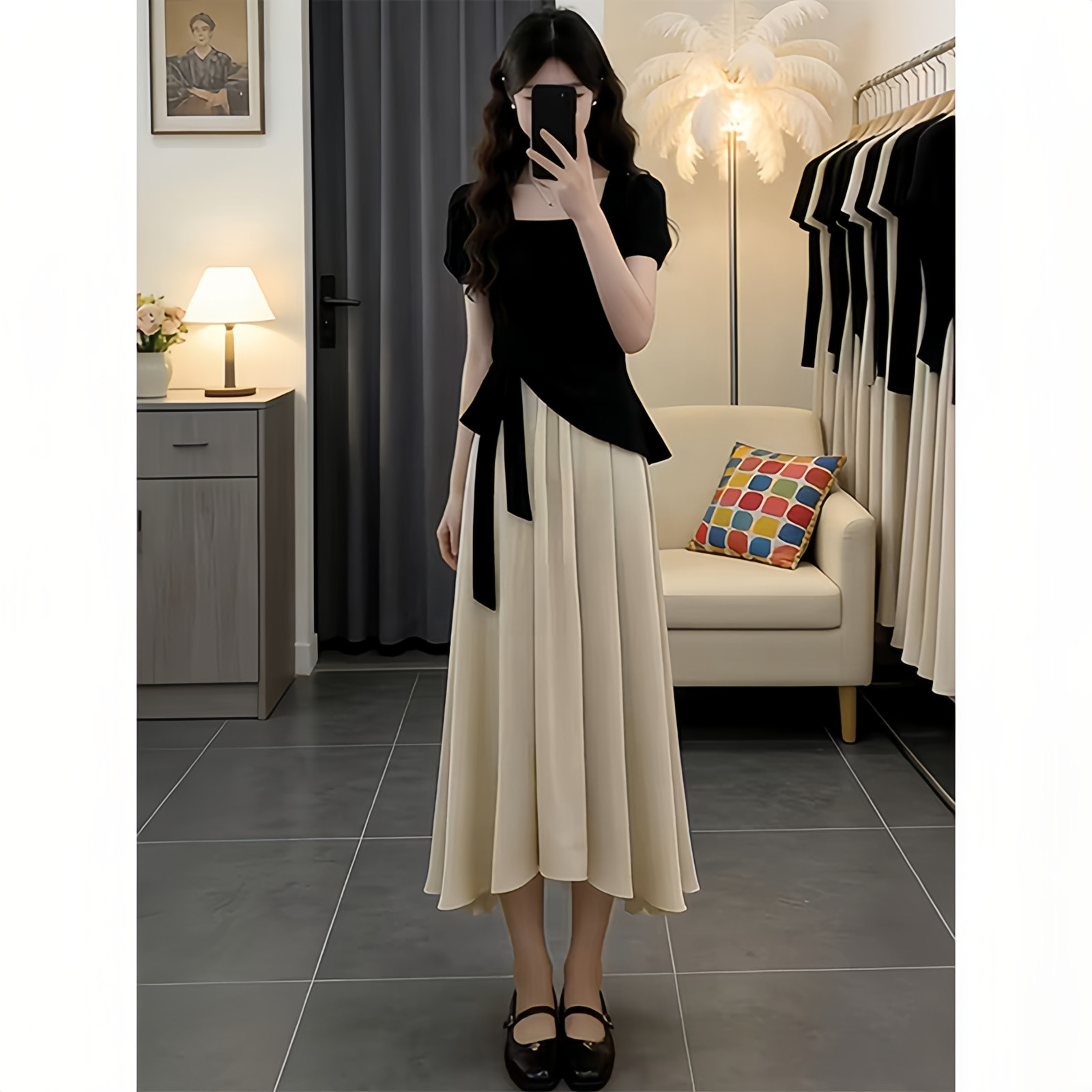 巨好看的夏季套装女大码微胖mm不规则短款方领上衣半身裙子两件套