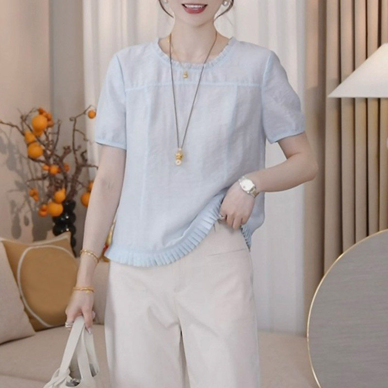 韩版苎麻木耳边圆领短袖衬衫女2026夏季新款显瘦减龄百搭小衫上衣