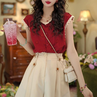 2026年夏季新款韩版时尚港风复古无袖衬衫宽松设计感显瘦刺绣上衣