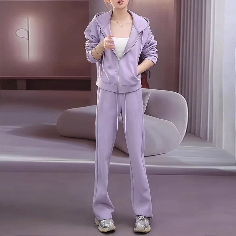 韩版休闲运动套装女2026春季新款连帽开衫卫衣外套抽绳长裤两件套