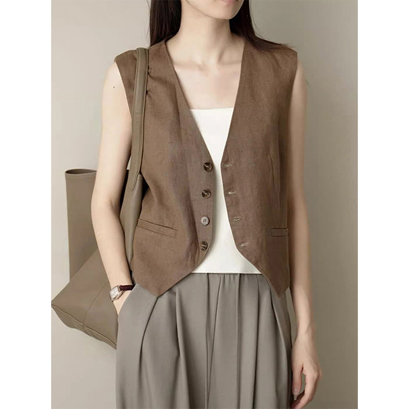 英伦复古风亚麻坎肩马甲夏季通勤减龄叠穿无袖背心单排扣v领上衣