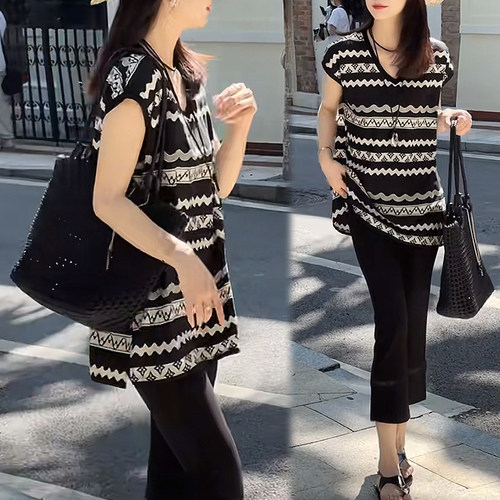 时尚洋气休闲穿搭一整套装女夏季大码高级感欧货九分直筒裤两件套
