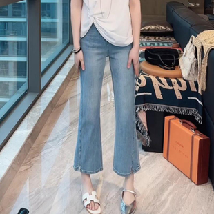 女大码 2026夏季 新款 微喇裤 梨型身材开叉显瘦弹力八九分喇叭牛仔裤