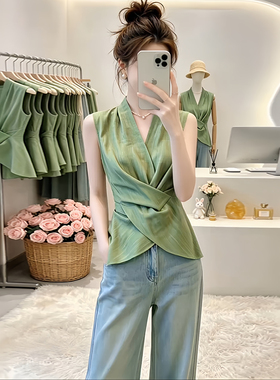 法式洋气绿色V领无袖交叉裹身衬衫女高级感时尚小众百搭显瘦上衣