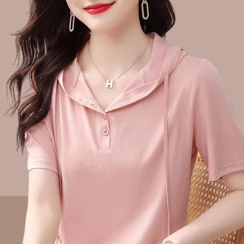 2026夏新款纯棉短袖t恤女连帽洋气小衫短款爆款上衣休闲胖mm遮肚
