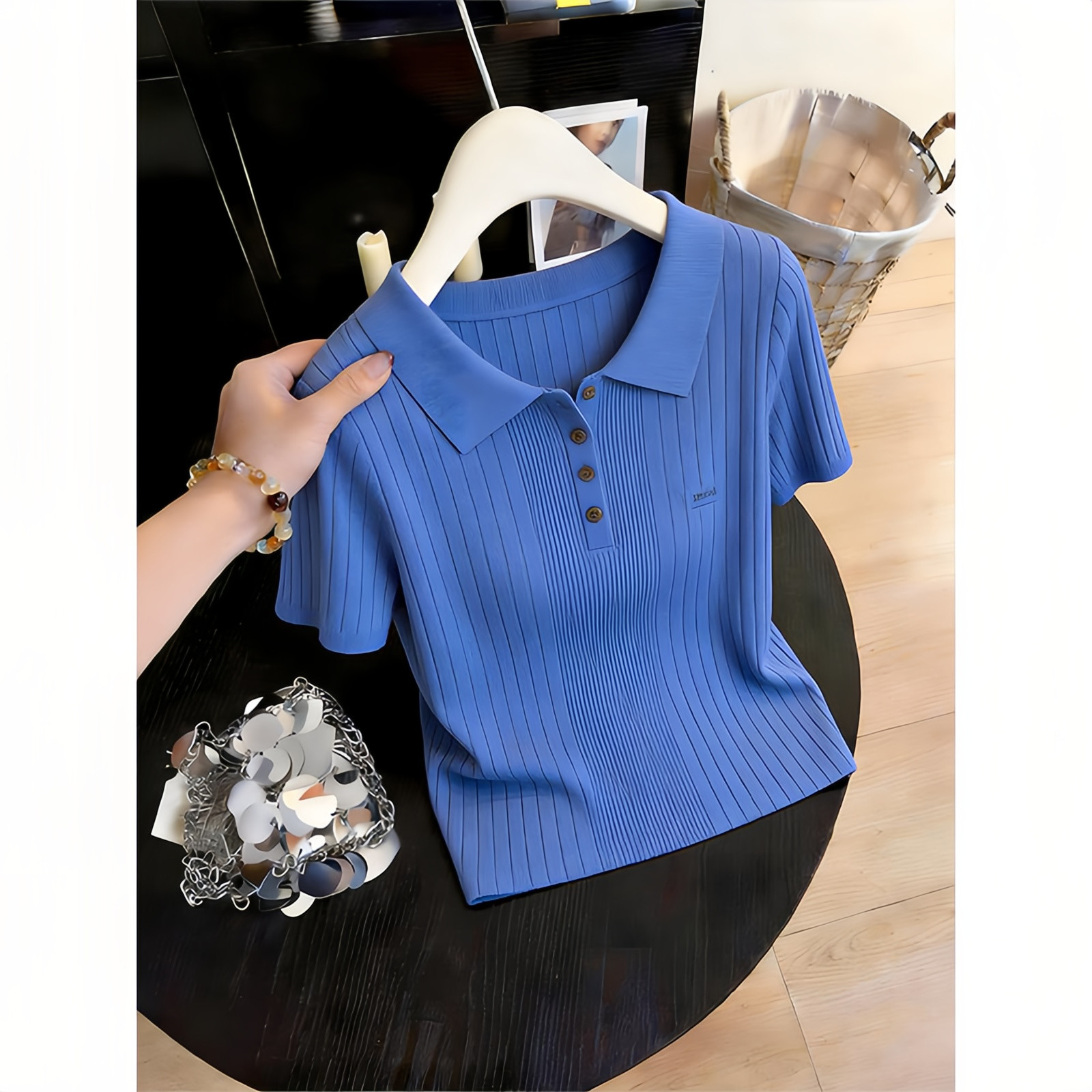 蓝色polo衫翻领正肩针织冰丝修身短袖T恤女夏季2026超火减龄上衣