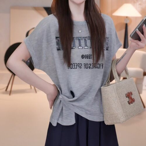 不规则斜扣短袖T恤女2025夏季