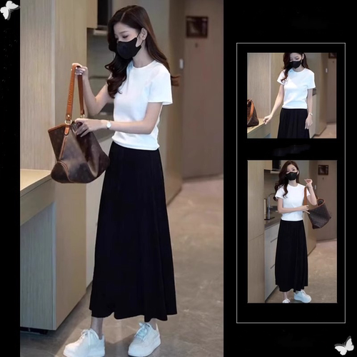 短袖女夏装搭配一整套黑色半身裙