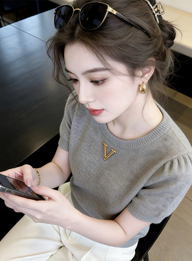 灰色圆领字母配饰简约短袖T恤女2026夏季法式绝美气质高知感上衣