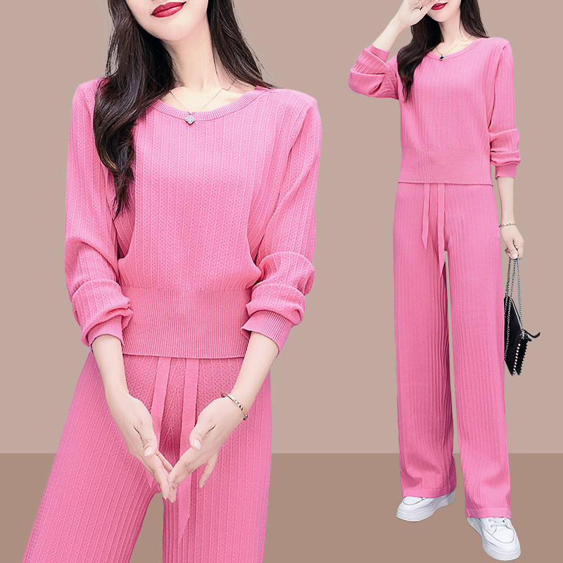 粉色运动服休闲套装女春秋时尚个性宽松洋气网红炸街阔腿裤两件套