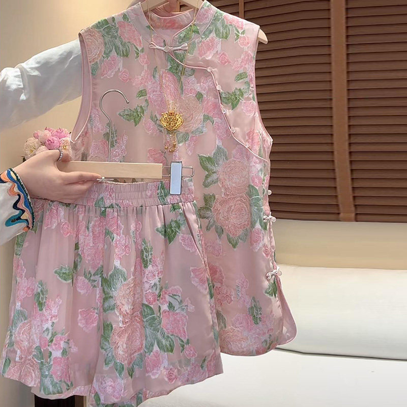 2026夏季新款今年流行的女装新中式国风盘扣粉色上衣短裤两件套装