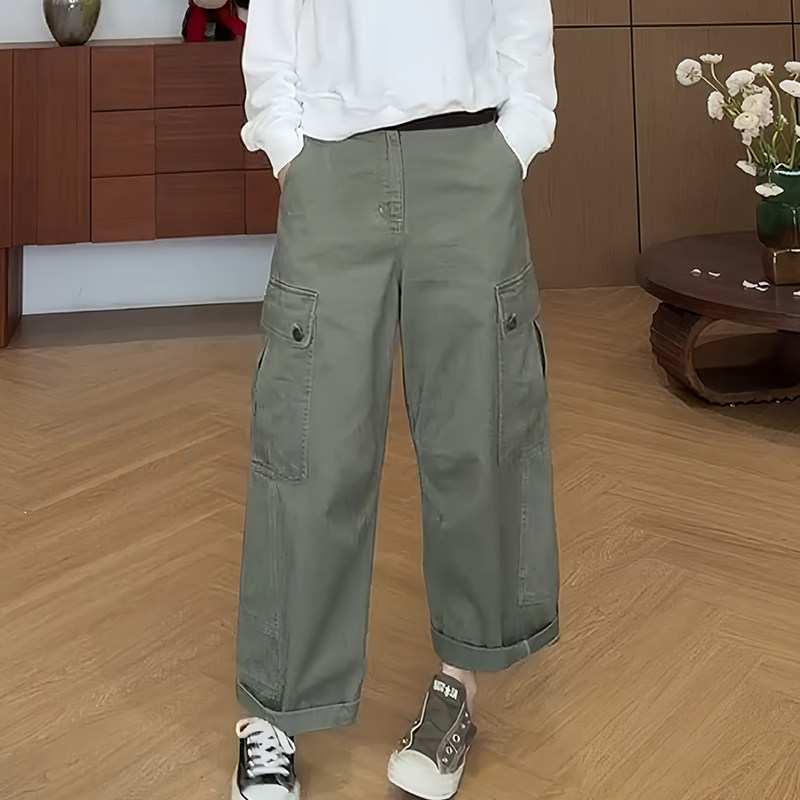 美式复古风多口袋阔腿工装裤女2026春秋新款宽松显瘦九分直筒裤子