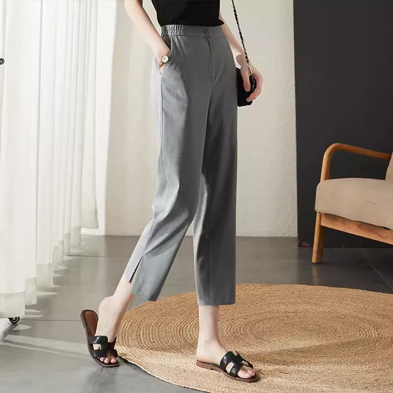 高腰雪纺休闲裤夏季欧货外穿显瘦百搭桑蚕丝百搭九分直筒西装裤