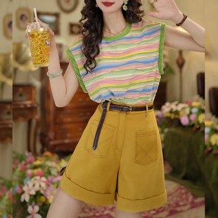 韩系高级感穿搭套装 彩色条纹无袖 t恤阔腿短裤 子两件套 女2026夏季