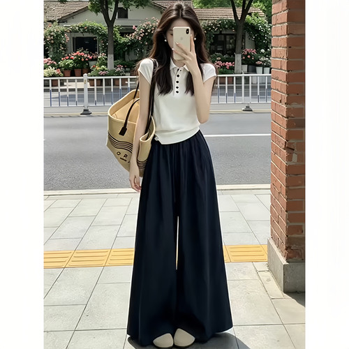 白色polo短袖t恤女阔腿裤套装