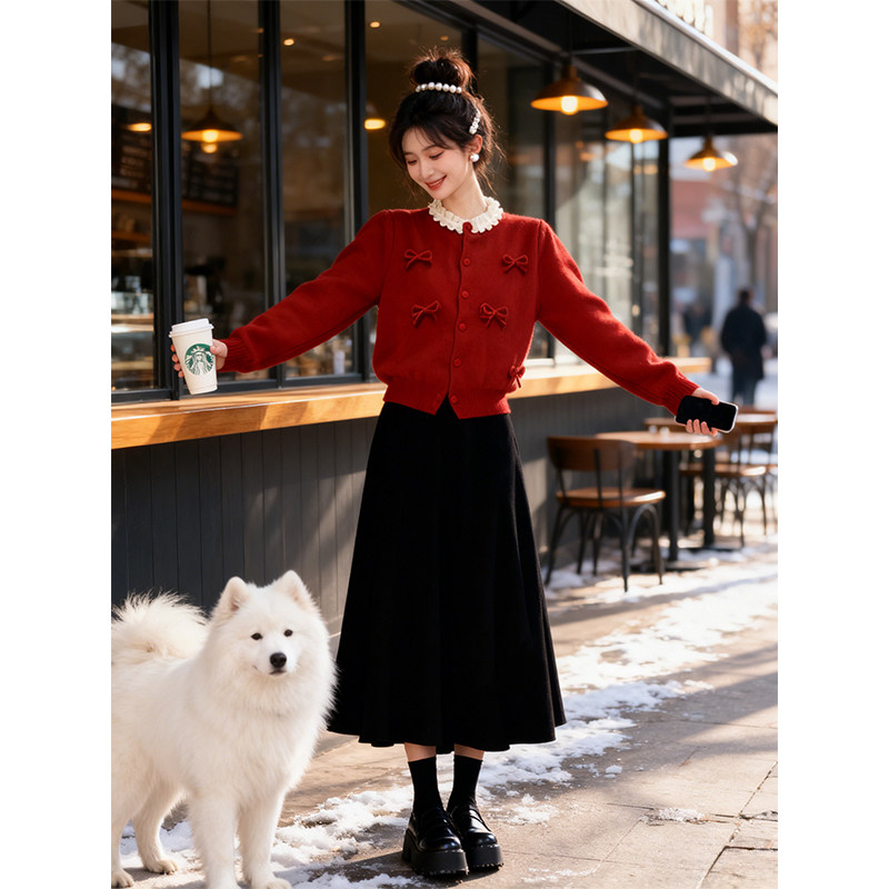 韩系甜美风蝴蝶结针织开衫套装女秋冬新款新年红色毛衣百褶半身裙