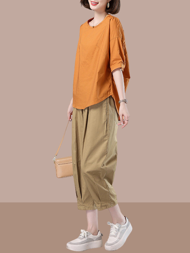 엄마의 여름 운동복 정장 여성 유행 2024 새로운 중년 및 노인 여성 반팔 티셔츠 투피스 세트