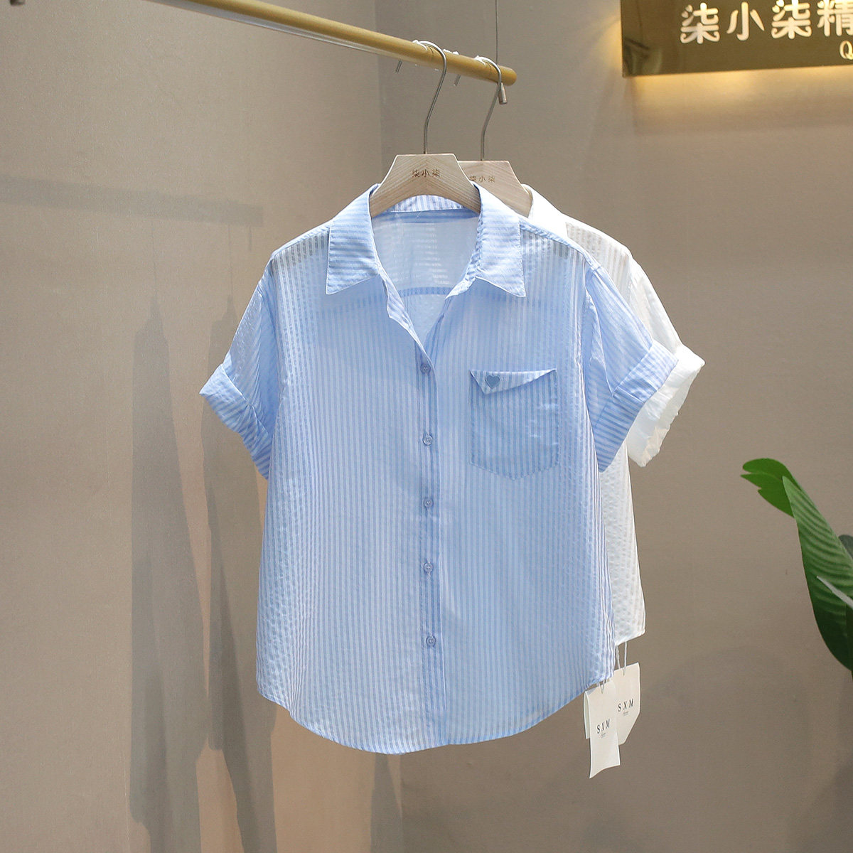 雪纺衬衫遮肚子条纹上衣女士2026夏季新款时尚气质设计感短袖衬衣