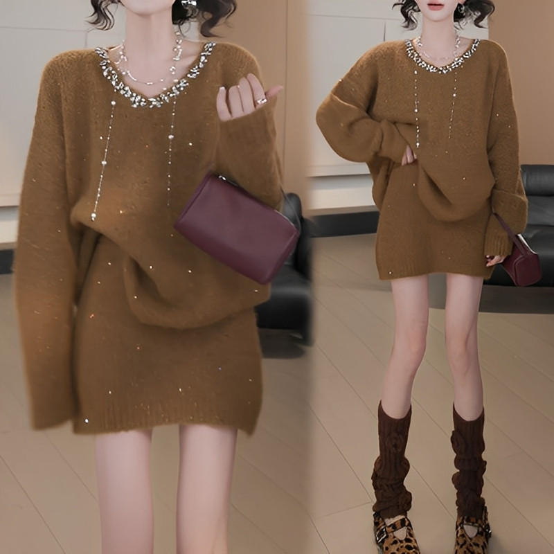 巨好看春装搭配一整套装女韩版V领钉珠气质针织衫包臀短裙两件套