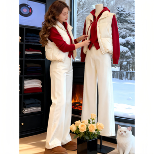 2026超火冬装一整套穿搭短款立领羽绒棉马夹连帽卫衣阔腿裤三件套