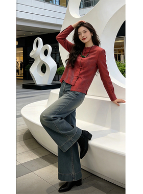 新年款国风红色衬衫女2026春季新中式盘扣复古提花减龄遮肚上衣潮
