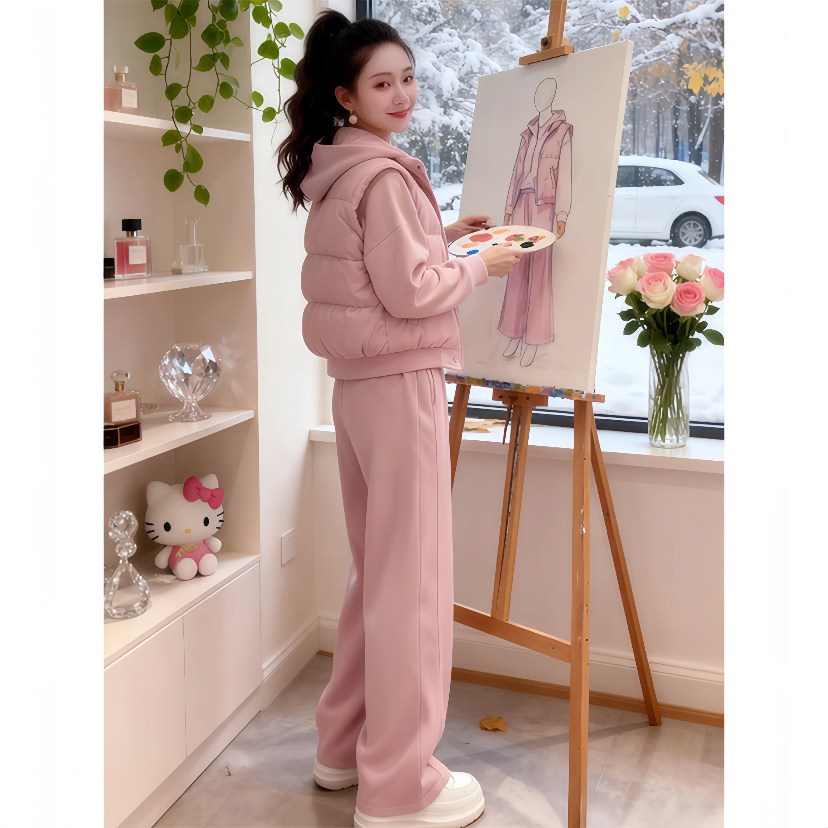 羽绒棉马甲三件套女2026新款冬季休闲运动小个子加绒加厚卫衣套装