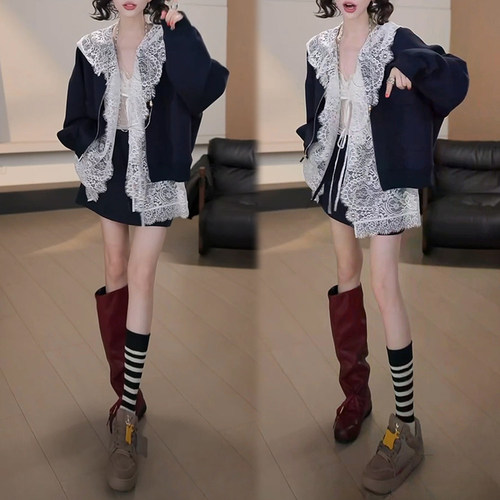 今年流行的女装套装女2026春秋连帽蕾丝开衫+卫衣外套+短裙三件套