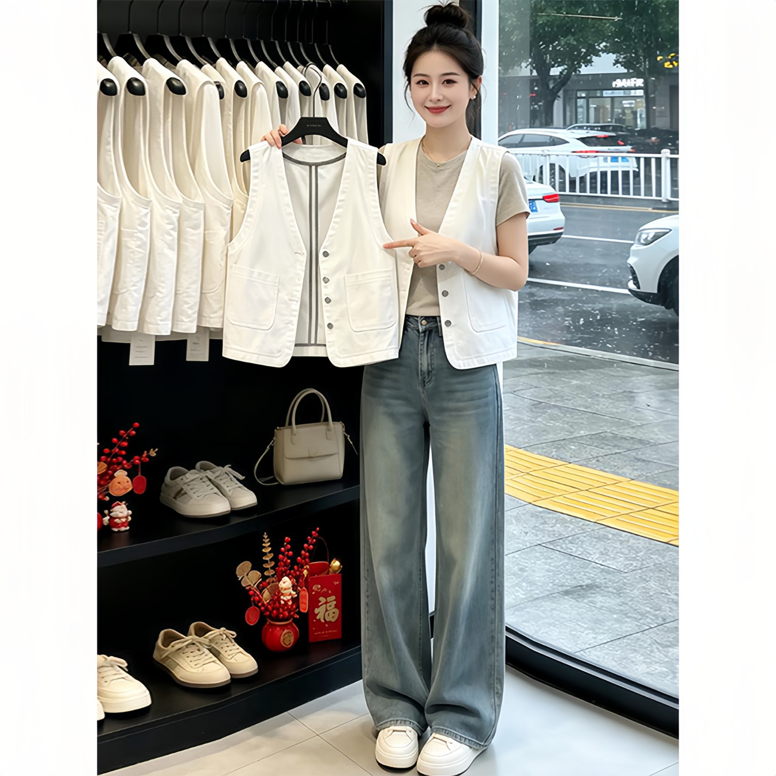 白色V领无袖马甲女外搭小背心马夹坎肩上衣短款百搭休闲夹克外套
