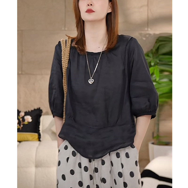 七分袖高端苎麻衬衫女2026夏季新款复古气质小衫宽松休闲圆领上衣