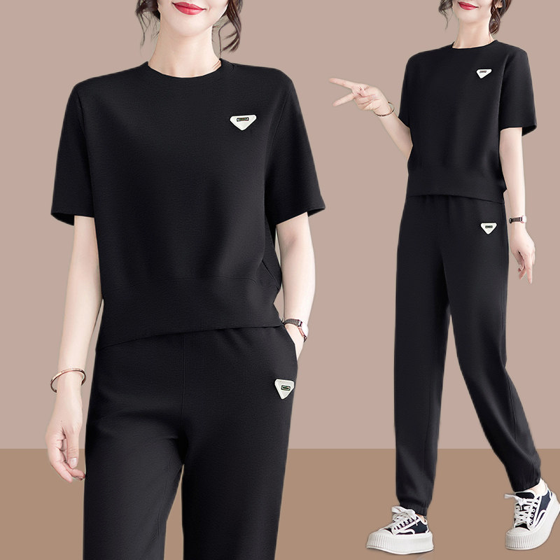纯棉运动套装女夏季2026年新款薄款短袖休闲跑步服宽松大码两件套