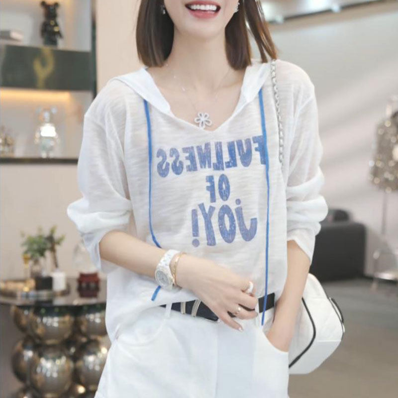 连帽冰丝防晒罩衫女秋季长袖t恤2026年新款韩系休闲宽松白色上衣