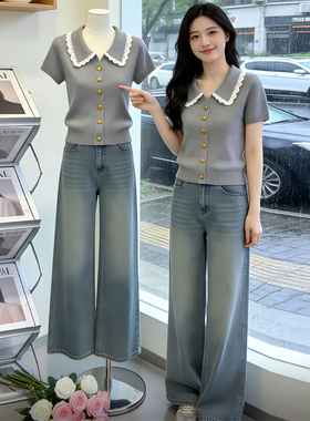 灰色翻领蕾丝边短袖针织开衫女士2026夏季气质绝美巨好看百搭上衣