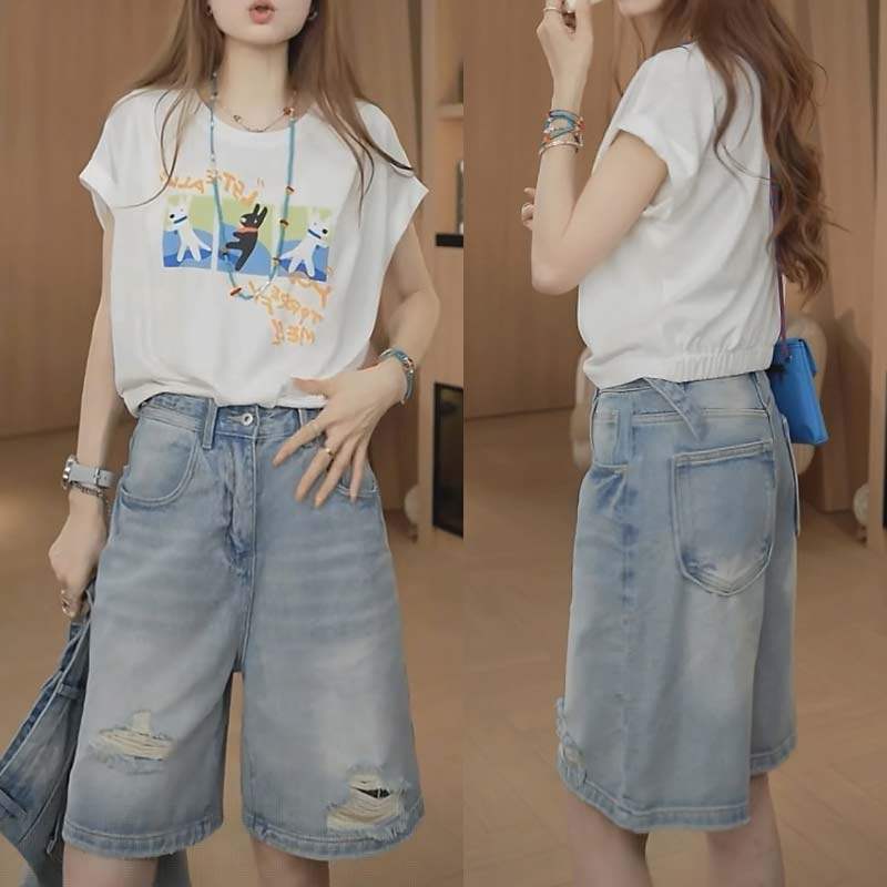 白色印花短袖套装女2026新款夏季减龄一整套穿搭牛仔五分裤两件套