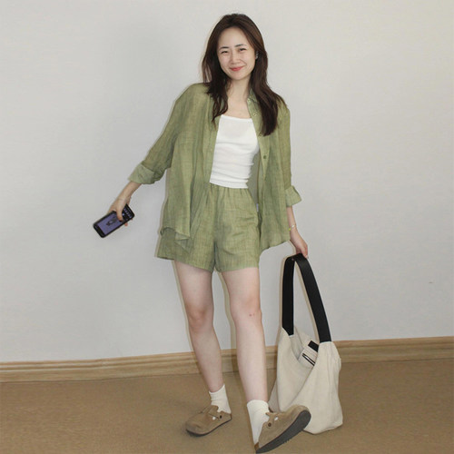 棉麻衬衫套装女夏新款小个子