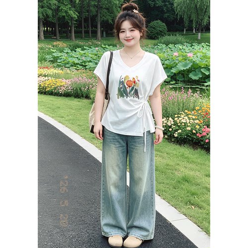 白色慵懒松弛感印花短袖t恤女
