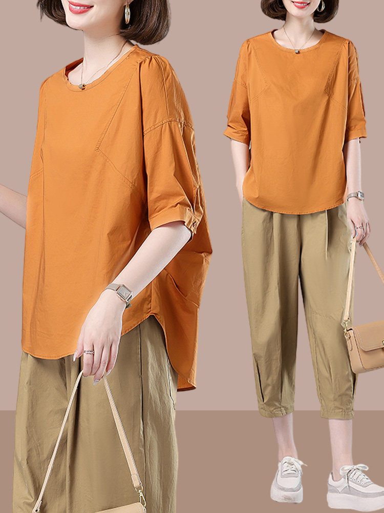 엄마의 여름 운동복 정장 여성 유행 2024 새로운 중년 및 노인 여성 반팔 티셔츠 투피스 세트