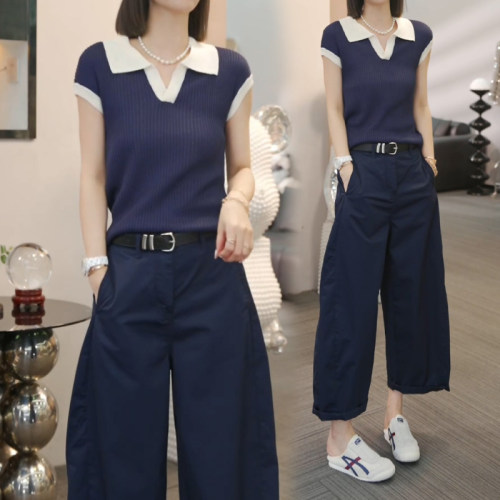 洋气减龄V领短袖休闲裤两件套女