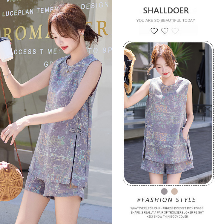 紫色新中式轻国风套装女2026夏新款小个子印花盘扣背心短裤两件套