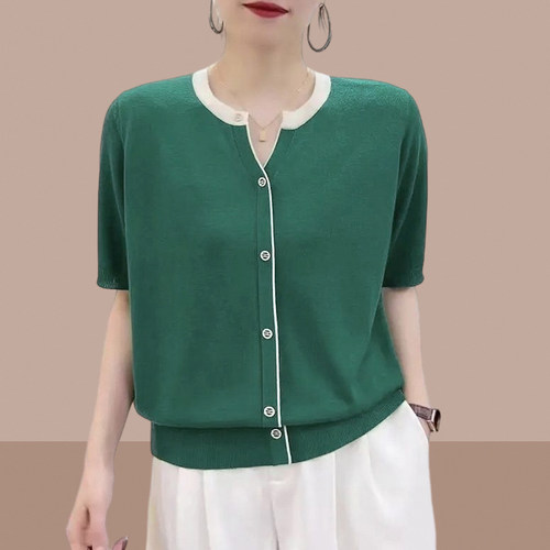 冰丝短袖t恤女V领条纹针织衫