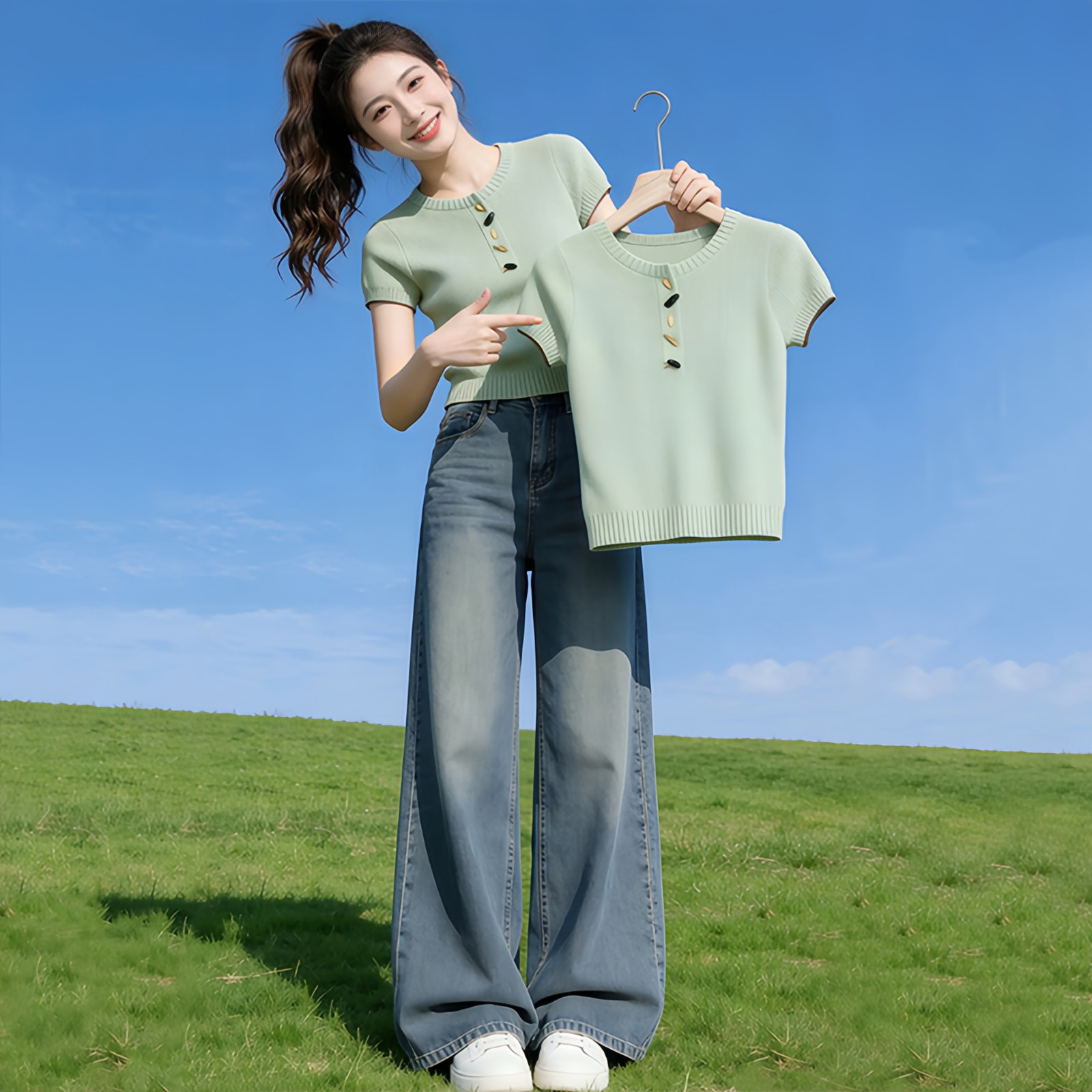 法式极简风圆领牛角扣短袖针织衫女2026夏季新款修身显瘦百搭上衣