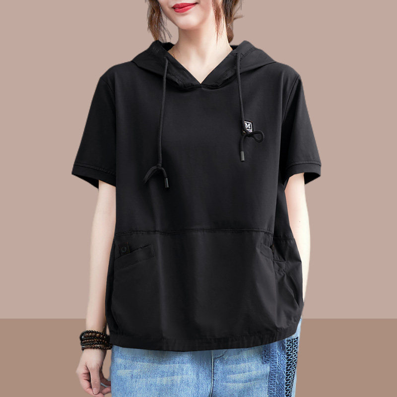 纯棉连帽短袖t恤女2026夏季新款胖mm大码女装妈妈带帽衫半袖上衣