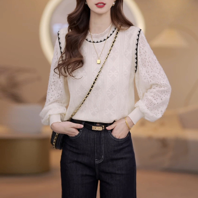 蕾丝镂空拼接长袖针织衫女