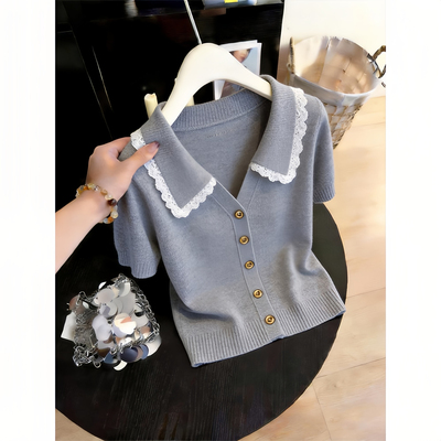 2026夏季新款爆款时尚洋气蕾丝花边针织衫高级感短袖上衣衬衫女装