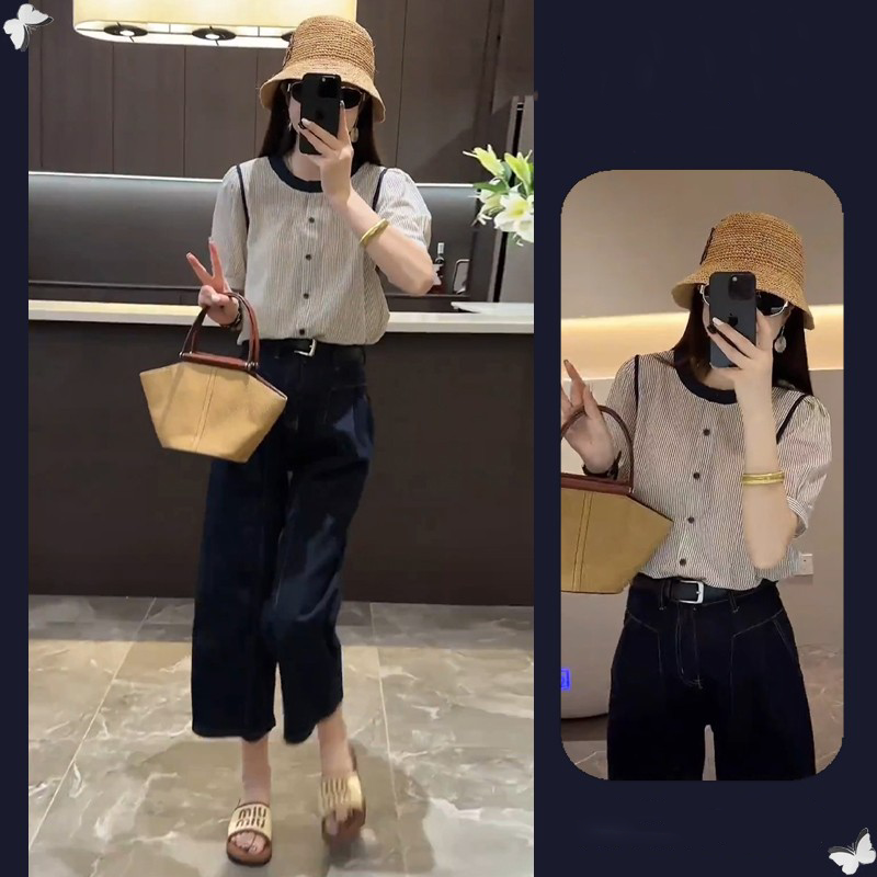 夏装时尚短袖减龄穿搭一整套女2026新款圆领衬衫阔腿牛仔裤两件套