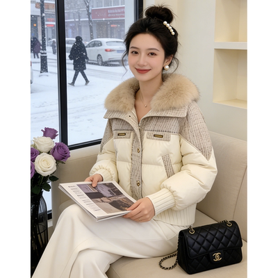 轻奢温柔风针织拼接撞色短棉服女